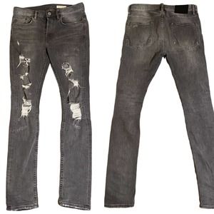 All Saints Jeans Men's Cigarette Gray Ripped Distressed Destroyed Denim, W28